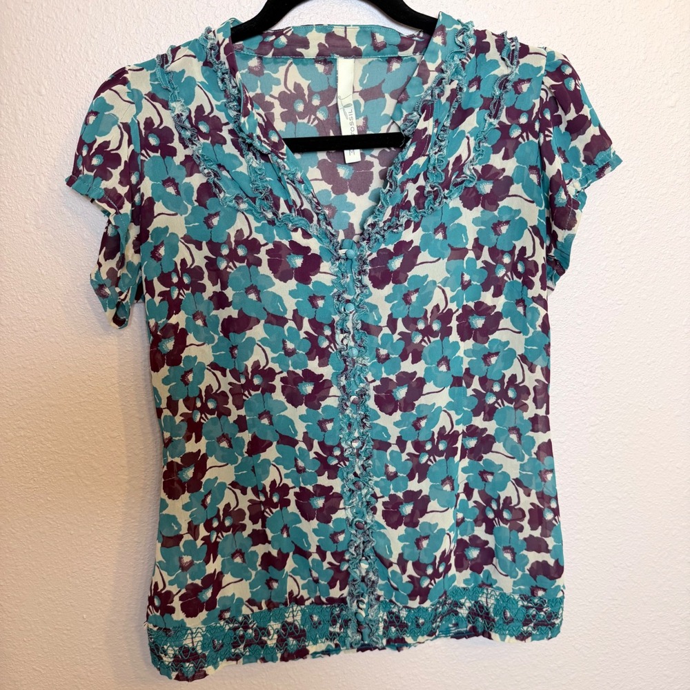 Fossil Womens Teal Purple Floral Sheer Ruffle V-Neck Blouse Top Size‎ M